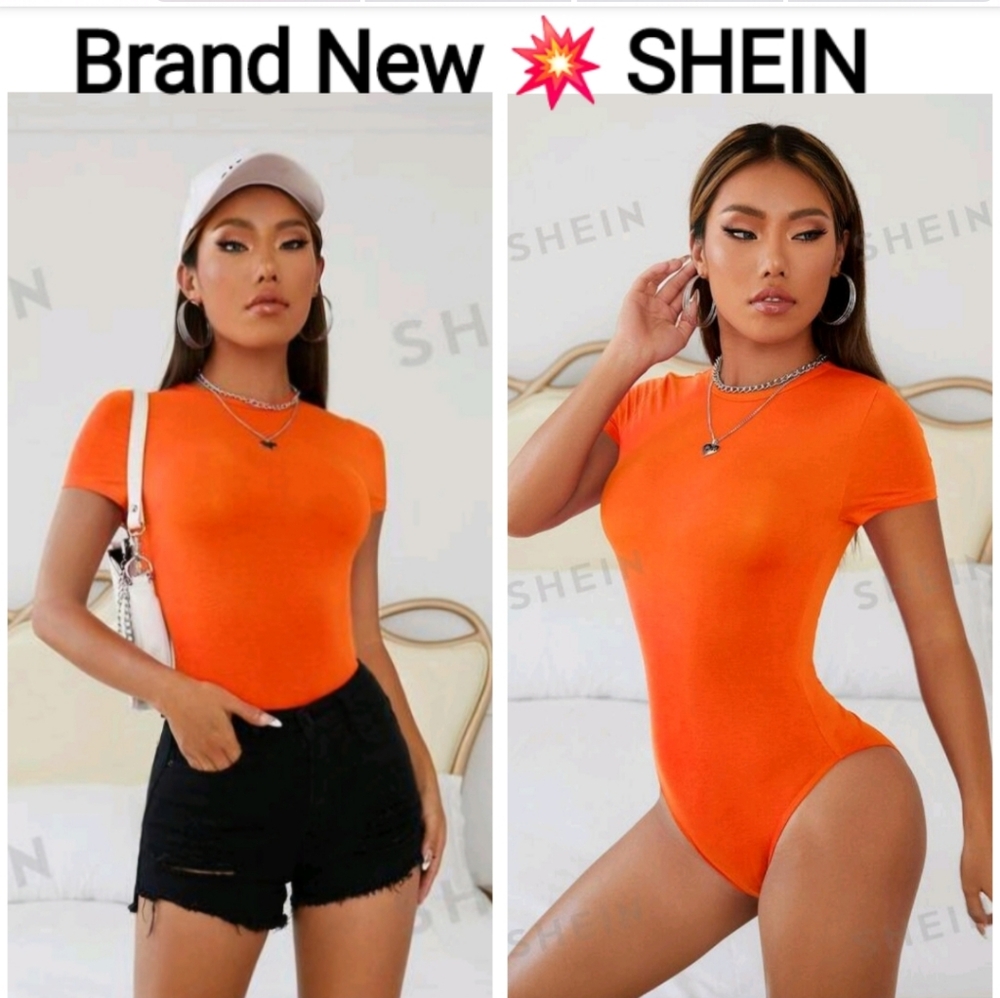 SHEIN PETITE Solid Slim Fit Orange Bodysuit, Size XXS
